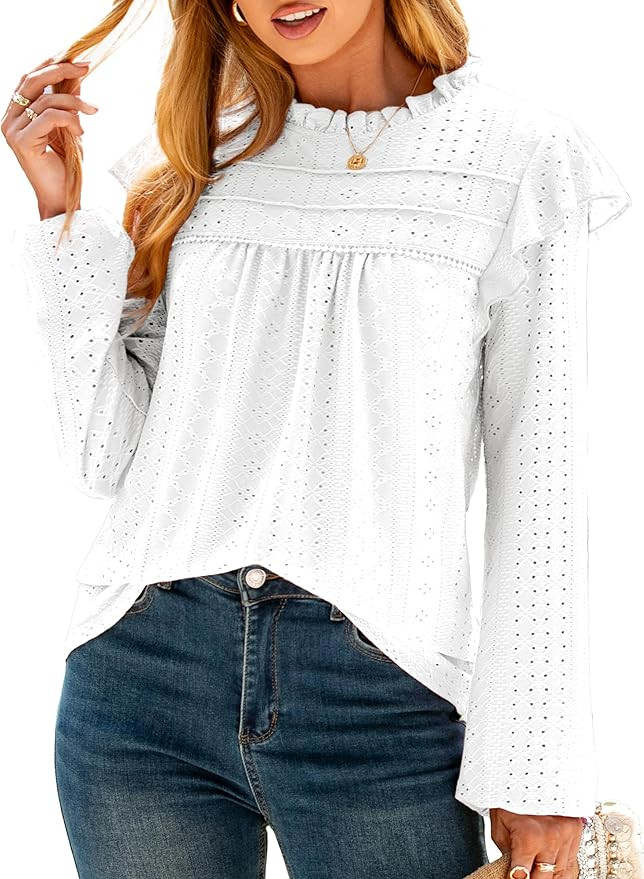 Glamaker Women's Long Sleeve Blouses Ruffle Eyelet Crochet Tops Dressy Casual Western Shirts 2025... | Amazon (US)