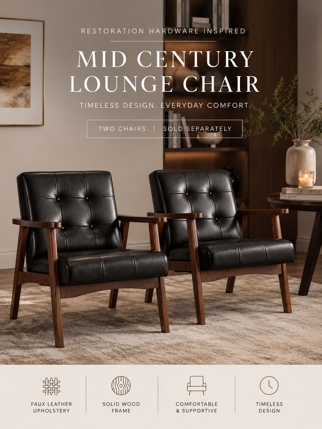 RH-inspired style without the RH price tag 🤎 These mid-century lounge chairs instantly give a space that warm, elevated designer look. The rich wood frame + black leather look is such a timeless combo, and they’re perfect for a living room, office, bedroom, or cozy reading corner.

✨ Two chairs shown | Sold separately
🛍️ Shop the chair in my LTK!

#LTKHome #LTKFinds #LTKStyleTip #HomeDecor #RHInspired #RestorationHardwareInspired #MidCenturyModern #AccentChair #LivingRoomDecor #DesignerLookForLess #AffordableHomeDecor #NeutralHome #HomeFinds

#LTKHome #LTKSaleAlert #LTKSeasonal