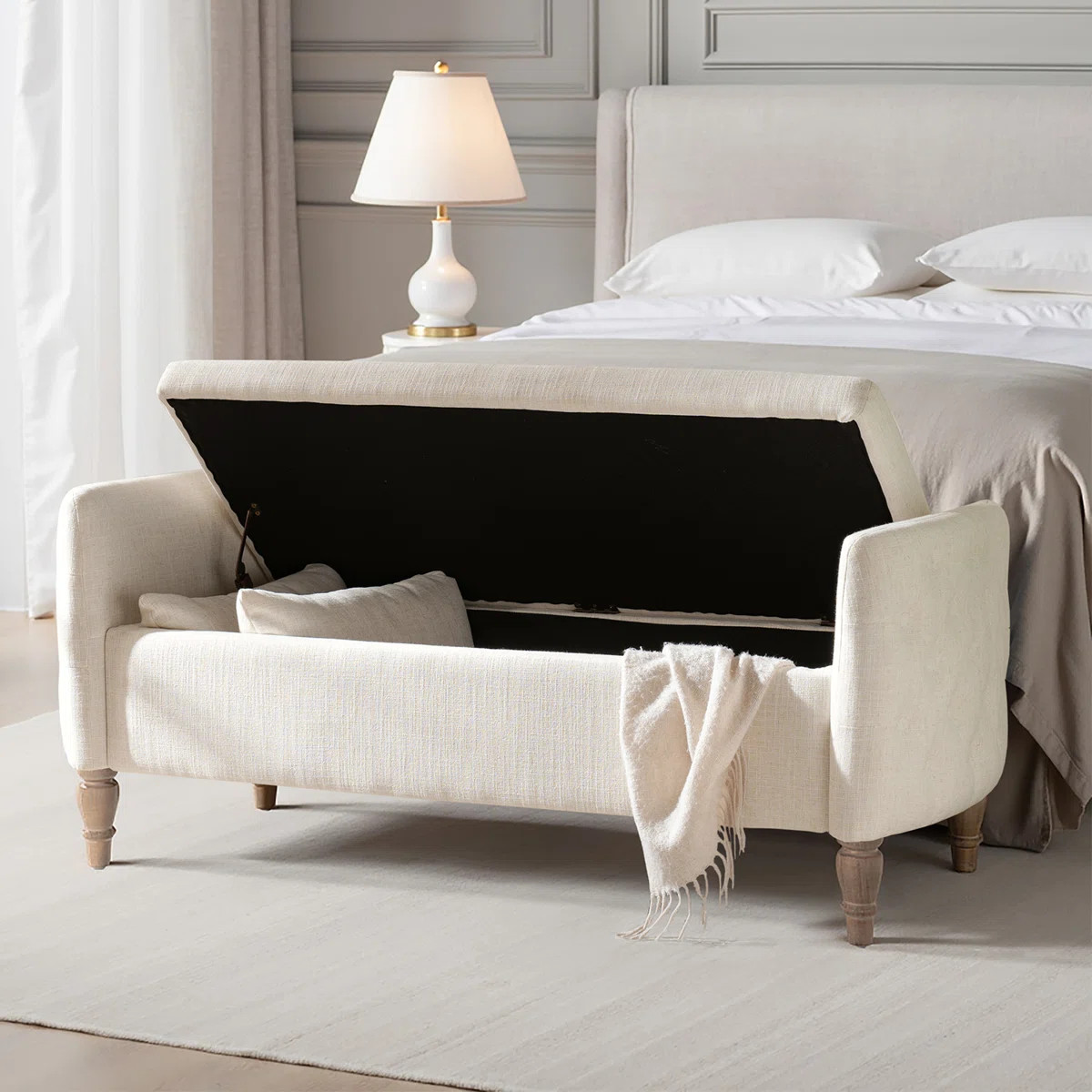 Aristides Farmhouse 59"W Flip Top Storage Bench with Two Pillows and Solid Wood Legs | Wayfair North America