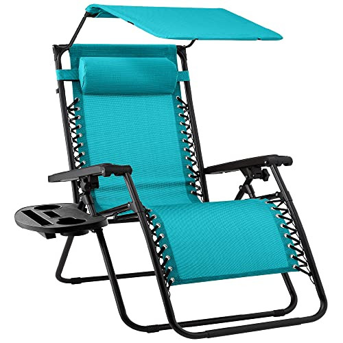 Best Choice Products Folding Zero Gravity Outdoor Recliner Patio Lounge Chair w/Adjustable Canopy Shade, Headrest, Side Accessory Tray, Textilene Mesh - Peacock Blue | Amazon (US)