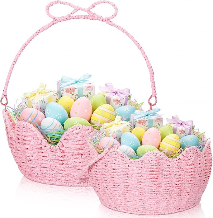 2 Pcs Pink Easter Gift Basket Empty with Handle Woven Paper Rope Easter Basket for Gifting, Stora... | Amazon (US)