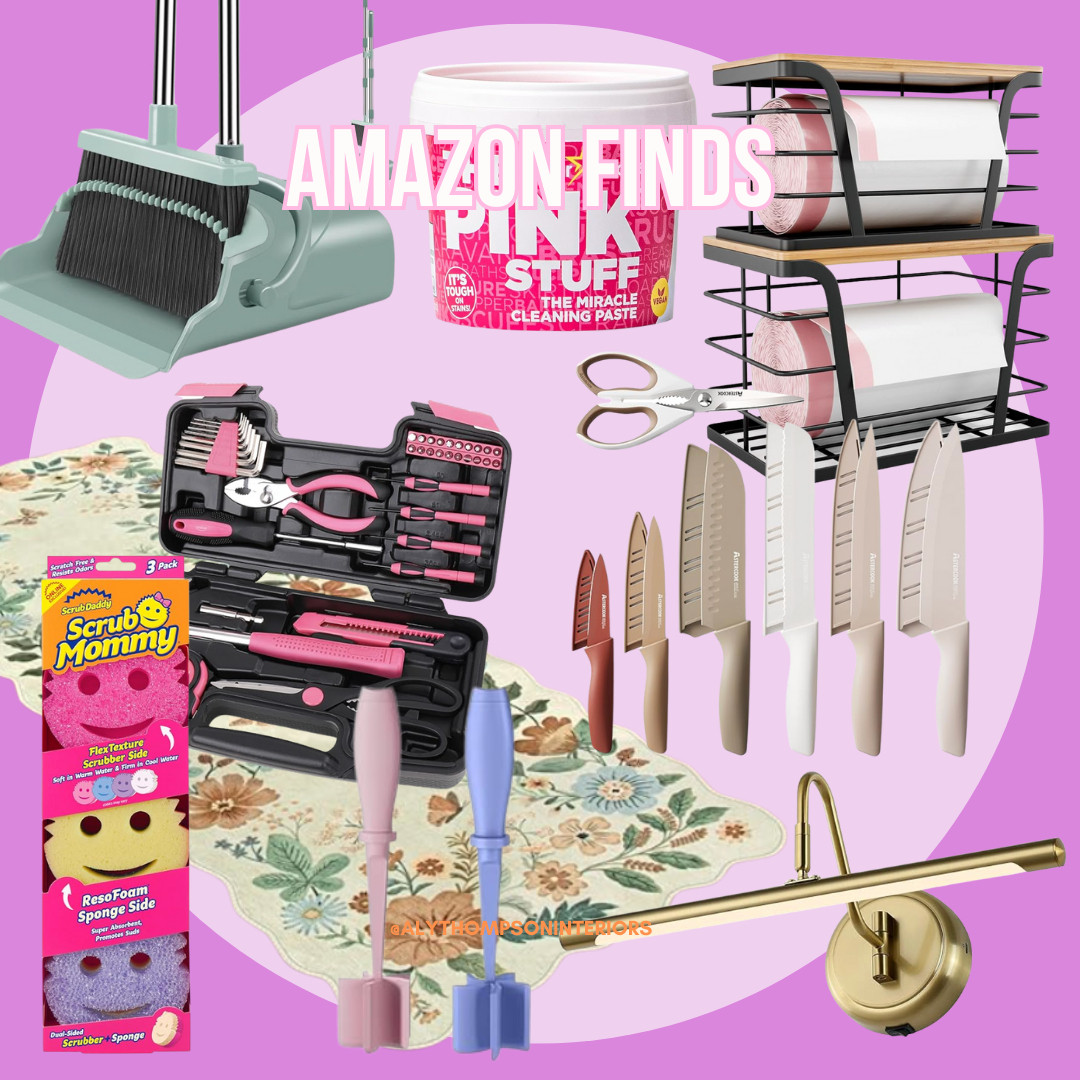 Amazon Finds | What's In My Amazon Cart | The Pink Stuff | Broom | Kitchen Knives | Scrub Daddy | Scrub Mommy | Picture Light | Trash Bag Holder | Floral Runner | Area Rug | Toolbox | Amazon 

 #LTKfoodie #LTKHome #LTKSaleAlert