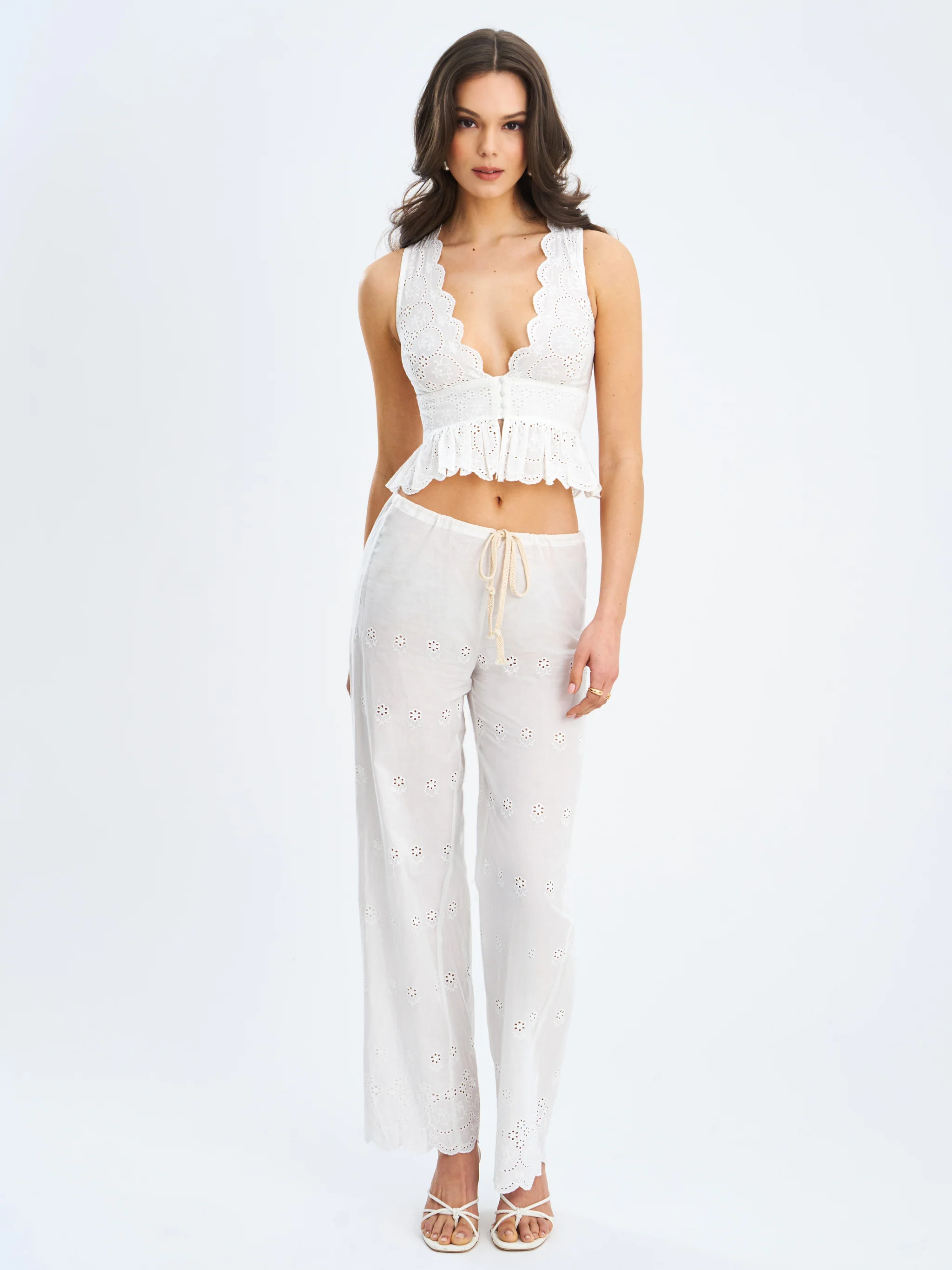 Raina White Cotton Eyelet Straight Pants | Miss Circle