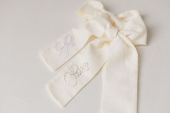 Ivory Cotton Embroidered Personalized Long Bow for Girls | Etsy (US)