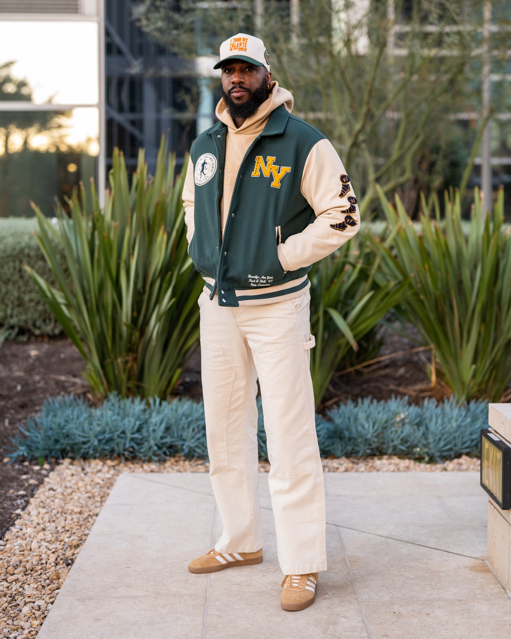 Mature casual outfit with some baggy cream pants and a green varsity jacket. Links to all items down below ⬇️!

#LTKmens