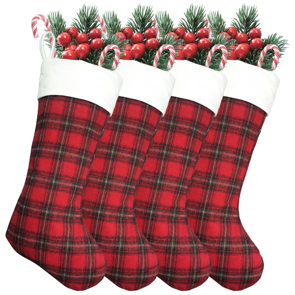 4 Pack Buffalo Plaid Christmas Stockings 20'' Large Xmas Stocking with Plush Cuff Hanging Stockin... | Amazon (US)