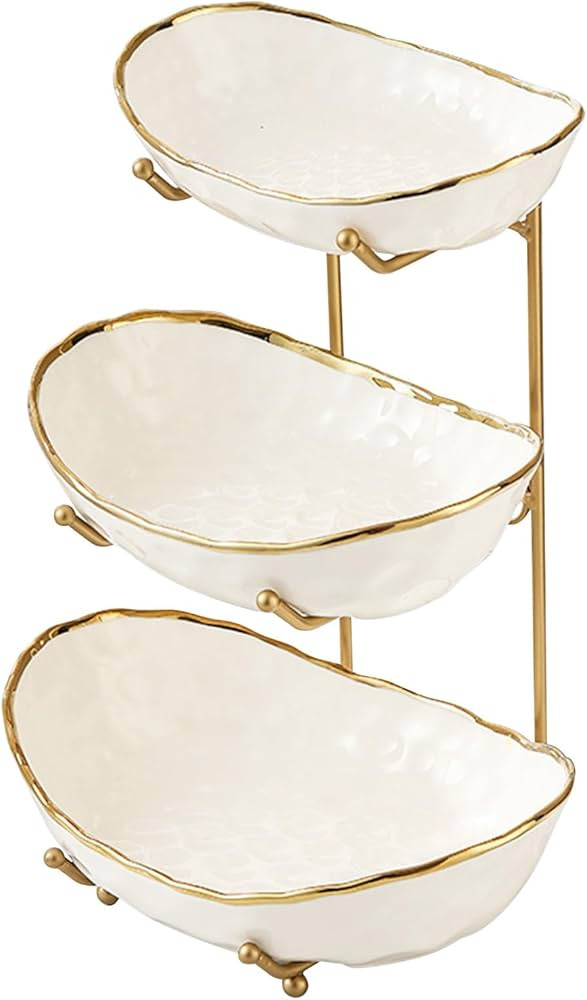 White Fruit Bowl with Gold Metal Stand, 3 Tier Modern Ceramic Fruit Bowl Fruit Rack for Kitchen C... | Amazon (US)