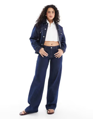 Pieces Selma wide leg jeans in dark blue denim - part of a set | ASOS (Global)