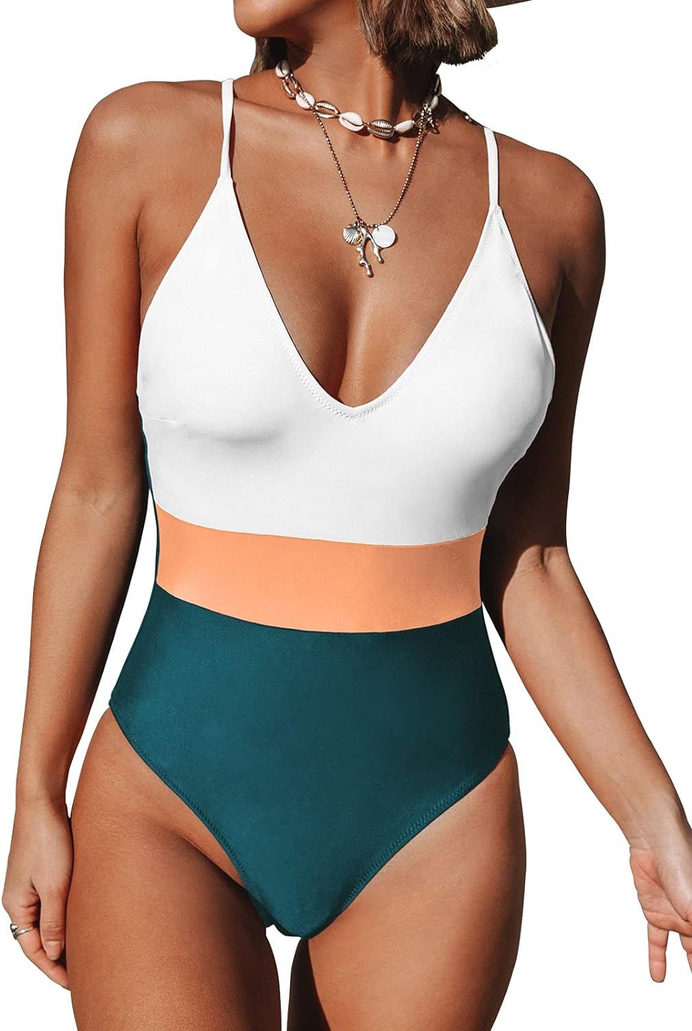 CUPSHE Women's One Piece Swimsuit V Neck Cross Back Color Block Beach Swimwear Bathing Suits | Amazon (US)