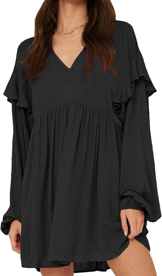 Women Casual V Neck Dress Long Sleeve Swiss Dot Ruffled Flowy Hem Summer Fall Mini Dress | Amazon (US)