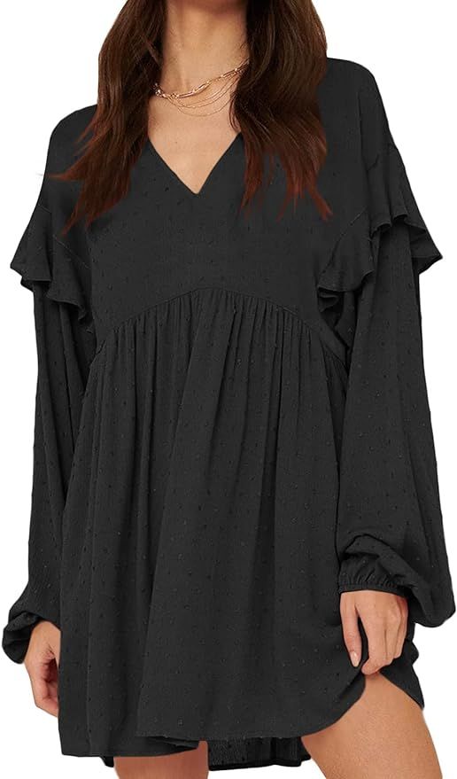 Women Casual V Neck Dress Long Sleeve Swiss Dot Ruffled Flowy Hem Summer Fall Mini Dress | Amazon (US)