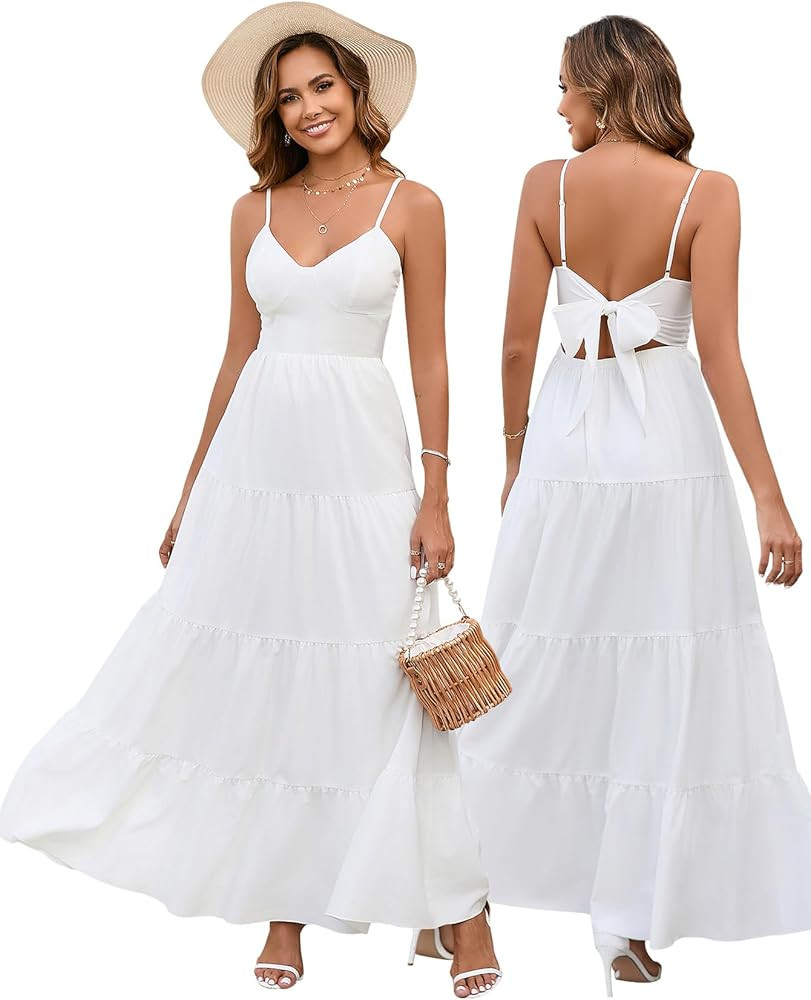 HTZMO Women Casual Summer Floral Maxi Sundress V Neck Spaghetti Strap Bow Tie Backless Flowy Boho... | Amazon (US)