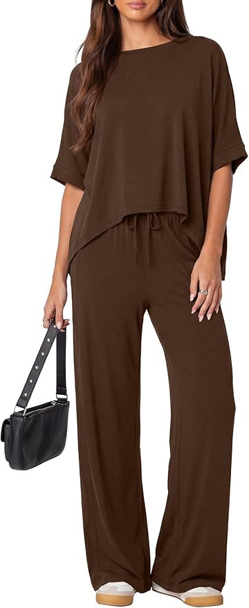 Darong Women's 2 Piece Outfits Matching Lounge Sets Short Sleeve Pullover Tops High Waisted Wide ... | Amazon (US)