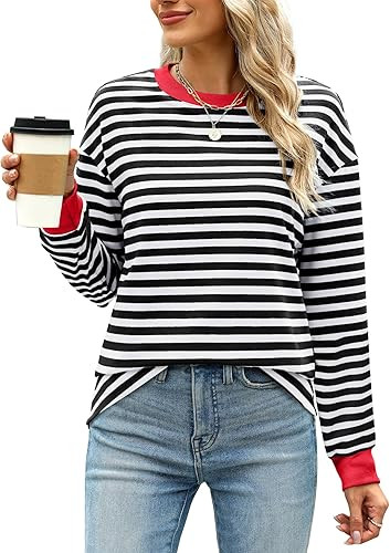 WIHOLL Womens Tunic Tops Long Sleeve Striped Shirts Crewneck Tops | Amazon (US)