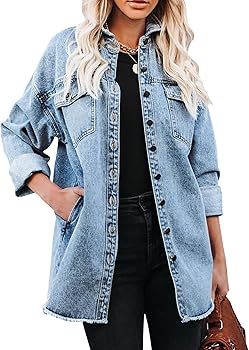 Women's Oversized Denim Button Down Shirt Jacket Casual Long Sleeve Loose Fit Jean Shacket Plus S... | Amazon (CA)