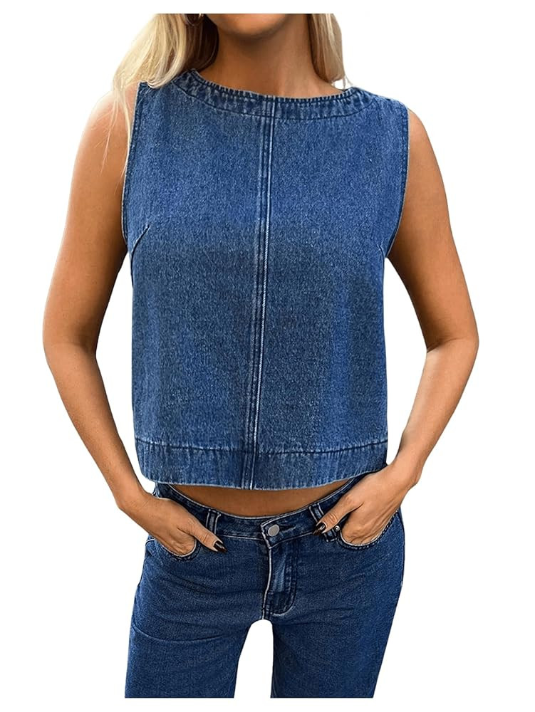 Milumia Women's Denim Vest Tank Top Sleeveless Round Neck Loose Fit Casual Jean Vests Streetwear | Amazon (US)
