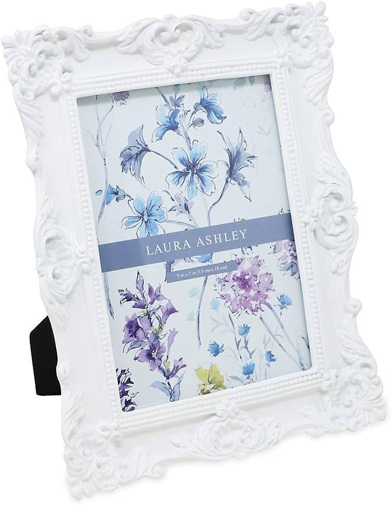Laura Ashley 5x7 White Ornate Textured Hand-Crafted Resin Picture Frame with Easel & Hook for Tab... | Amazon (US)