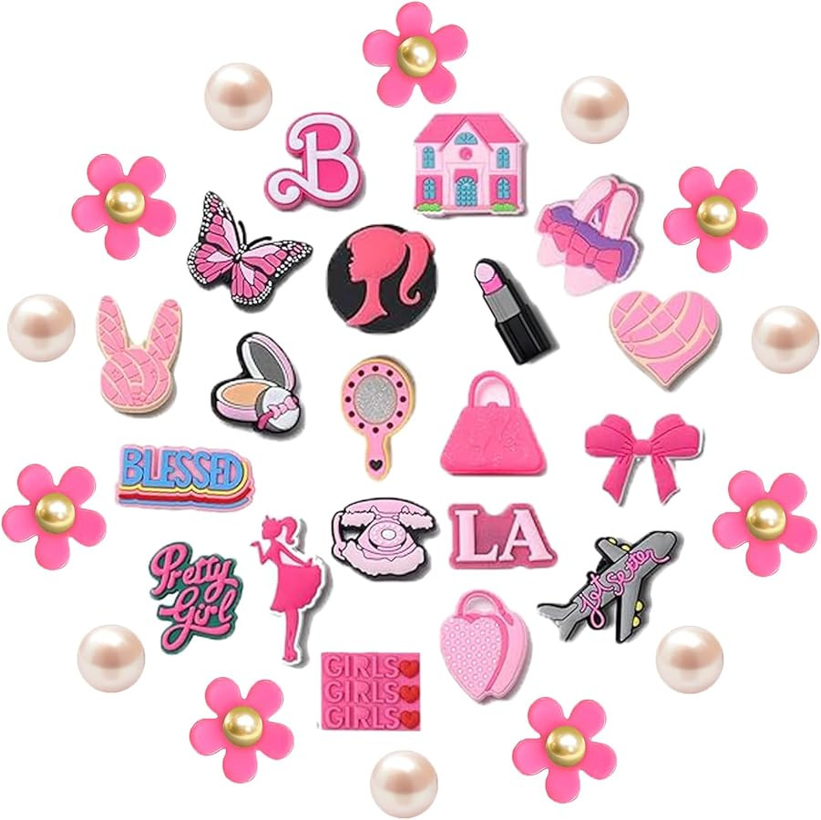 Bellaqueo 34Pcs Pink Cute Shoe Charms for Girls, Acrylic Flower Charms, Pearl Accessories, Aesthe... | Amazon (US)