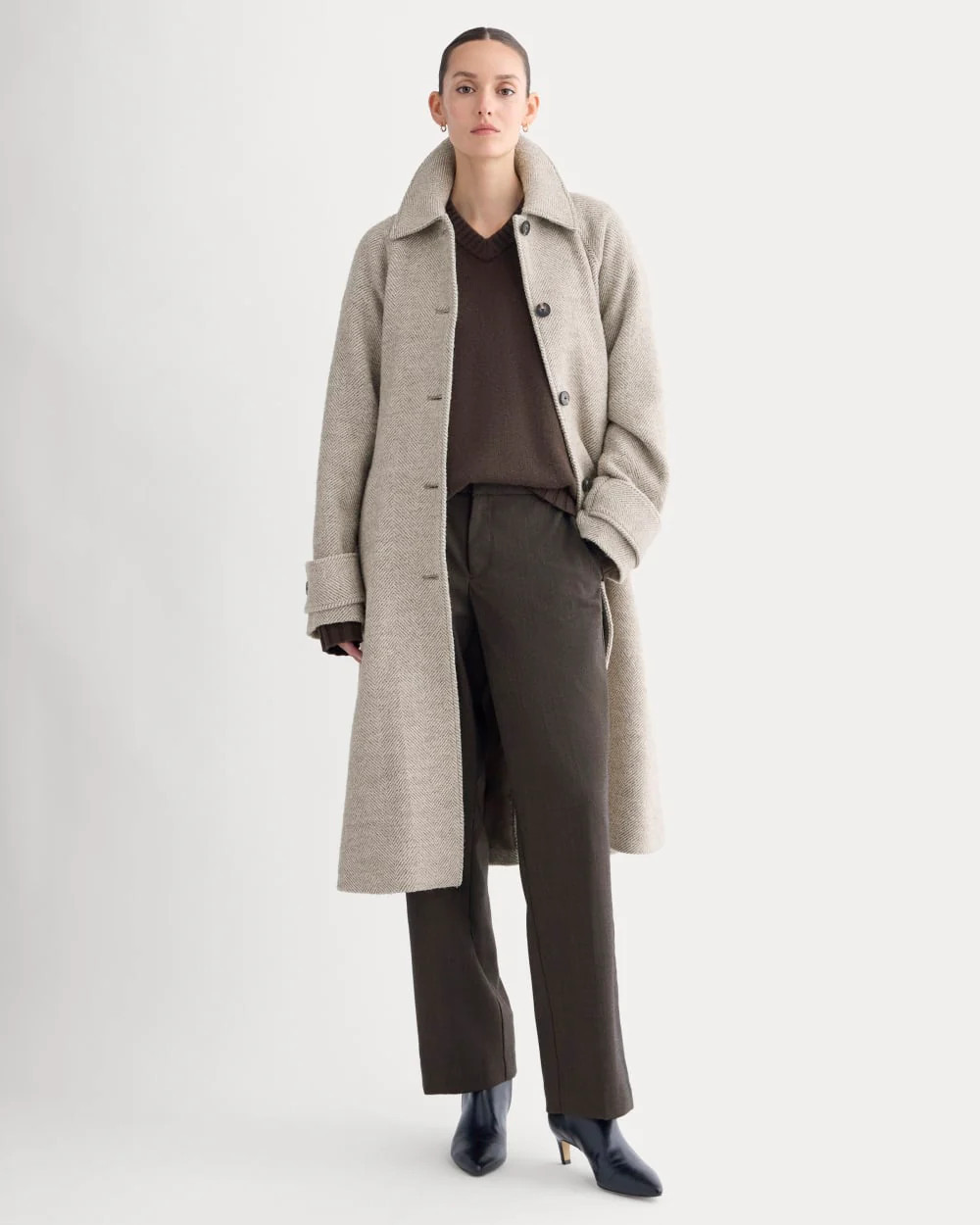 Everlane Italian Belted Overcoat In Taupe Herringbone, Size XXL, Wool | Everlane