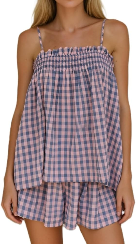 Juakoso Women Gingham 2 Piece Set Plaid Sleeveless Babydoll Cami Top Wide Leg Shorts Pajama Set Y... | Amazon (US)