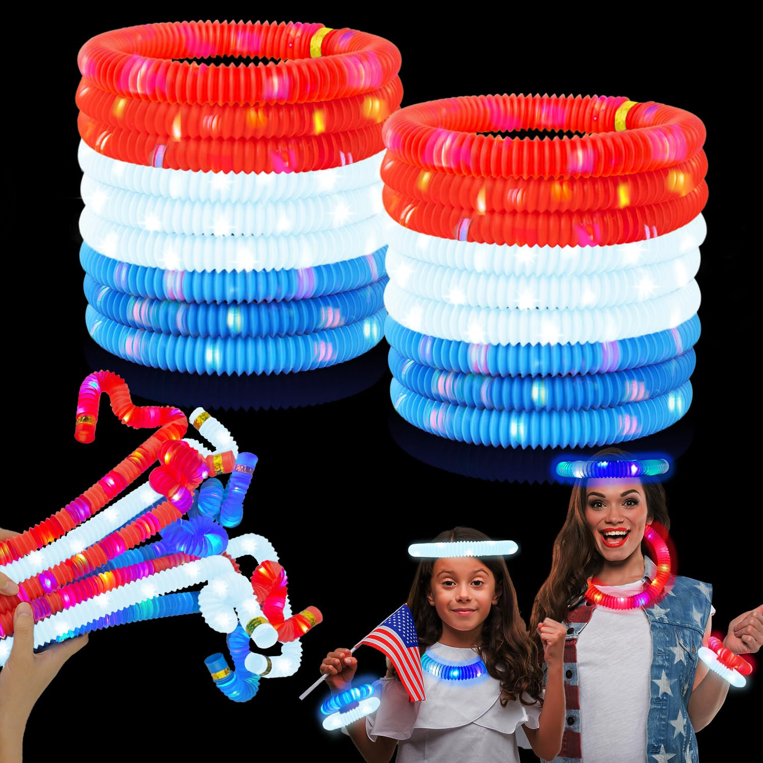 4th of July Red White Blue Glow Sticks Party Favors Supplies 18 PCS,Light up Pop Tubes Accessorie... | Amazon (US)