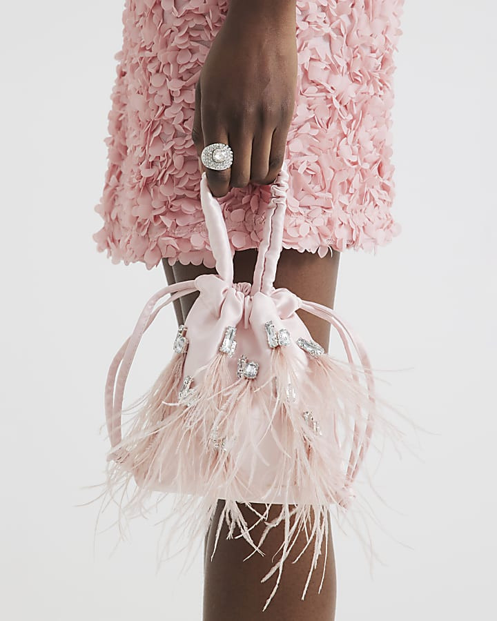 Pink Feather Embellished Clutch Bag | River Island UK & IE
