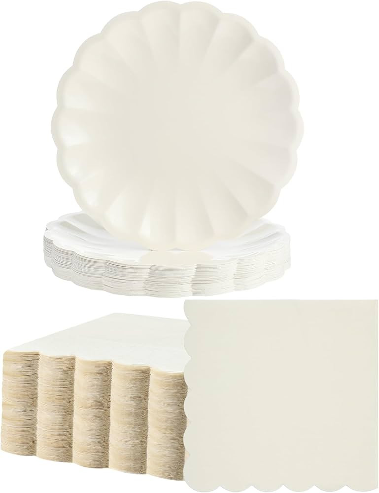 100 Pcs Cream Scalloped Paper Plates and Napkins Set Include 50 Pcs 9.5 Inch Large Scalloped Plat... | Amazon (US)