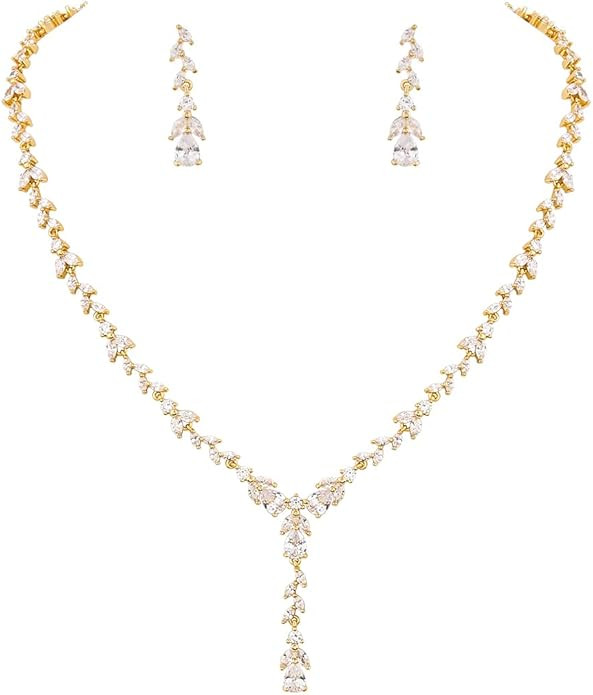 Bridal Wedding Jewelry CZ Set Marquise Teardrop Cubic Zirconia Pendant Necklace and Dangle Earrin... | Amazon (US)