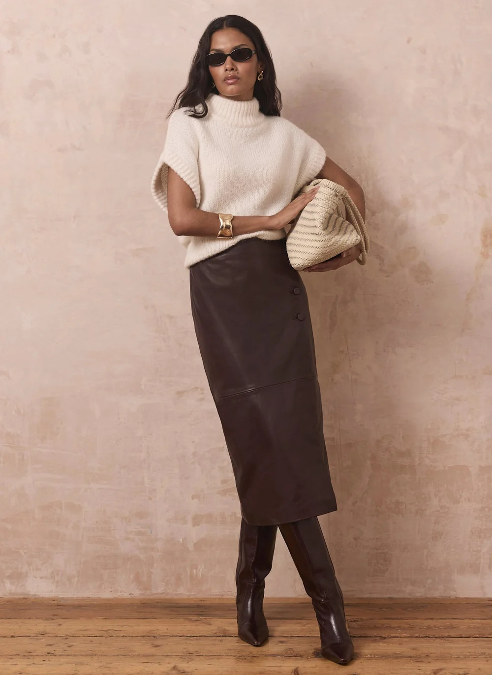 Burgundy Leather Wrap Midi Skirt | Mint Velvet