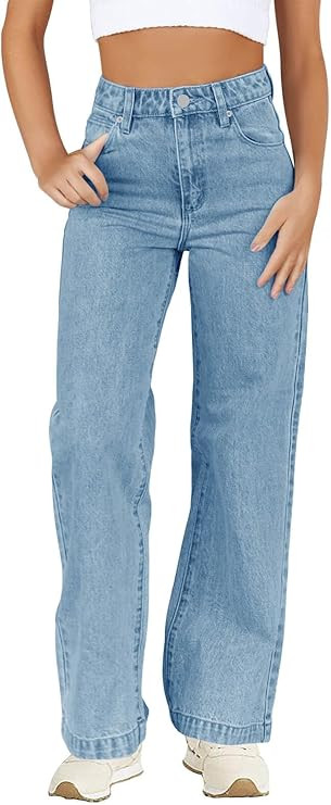 Haloumoning Girl’s Elastic Waist Jeans Straight Leg Demin Pants Casual Stretch Long Pants with ... | Amazon (US)