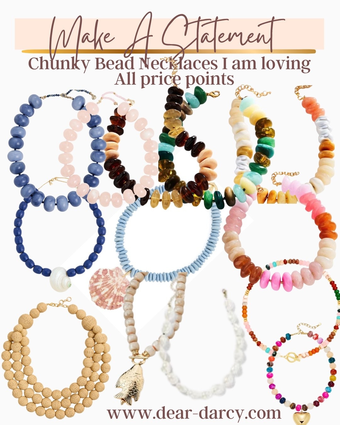 Make a statement

Bold Chunky beaded necklaces are all the rage and come in several price points and quality… I’ve linked some of my favorites from
Amazon, Target bauble bar 
shop bob , Anthropologie and Tuckernuck … 

A verity of price points, something for everyone’s budget to add a fun pop to your summer outfits

#LTKootd #LTKOver40 #LTKSaleAlert