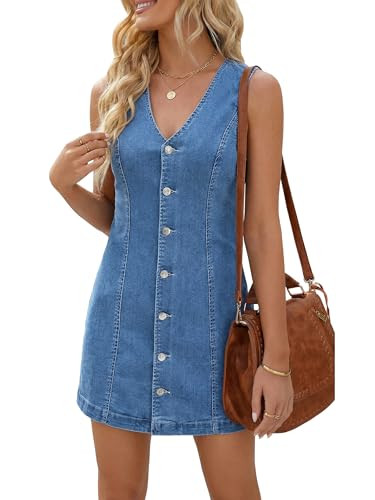 EMMIOL Women's Sleeveless Denim Dress Button Front Relaxed V-Neck Jean Mini Dress Summer Casual D... | Amazon (US)