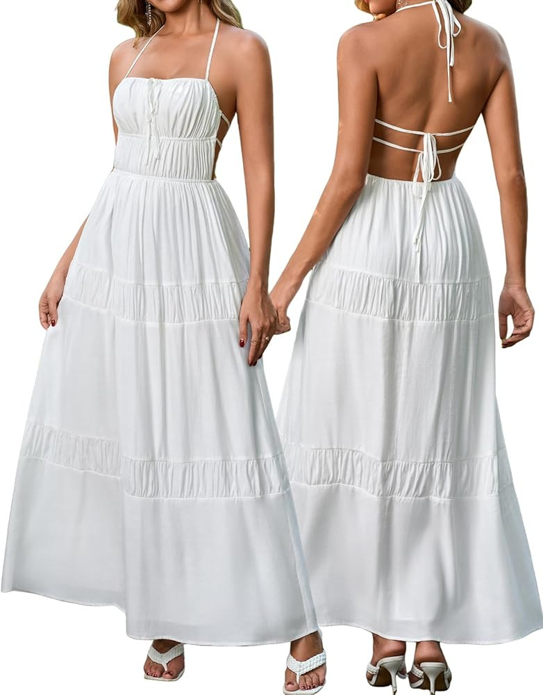 XinFSh Women's Summer Floral Halter Beach Maxi Dress Flowy A Line Backless Vacation Boho Sundress | Amazon (US)
