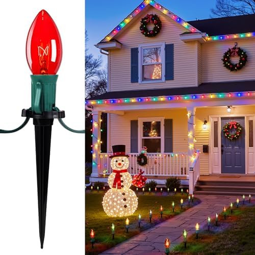 Christmas Pathway Lights Outdoor, 25.7 Feet C9 Lights with 20 Multicolor Bulbs and Stakes, Connec... | Amazon (US)