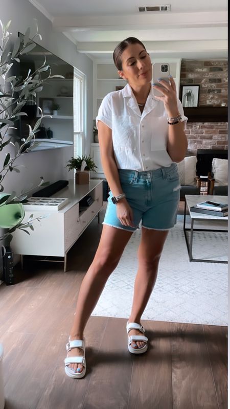This linen top is perfect for summer. Keeps you cool yet stylish and put together. A great alternative for a white tee and elevated casual look. Wearing size medium. 

The denim Target shorts are also great for moms or anyone who is over the short cutoffs. Great wash for a summer neutral look. Fits TTS. 

Also these Jonie sandals are a great and more affordable than a Steve Madden lookalike pair. Very comfortable and stylish. 
Target outfit | Target style | Target fashion | Target dressed me | Target haul | summer outfits | Fourth of July | Fourth of July Outfit | 4th of July outfit 