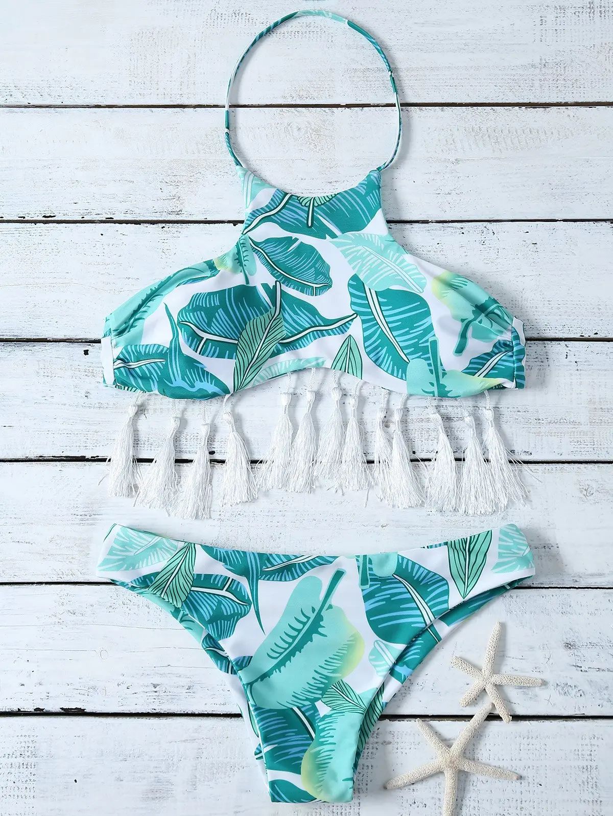 Halter Leaf Print Tassel Bikini Set | Rosegal US