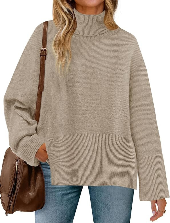 ZESICA Women's 2023 Fall Sweaters Turtleneck Long Sleeve Oversized Split Hem Knitted Tunic Pullov... | Amazon (US)