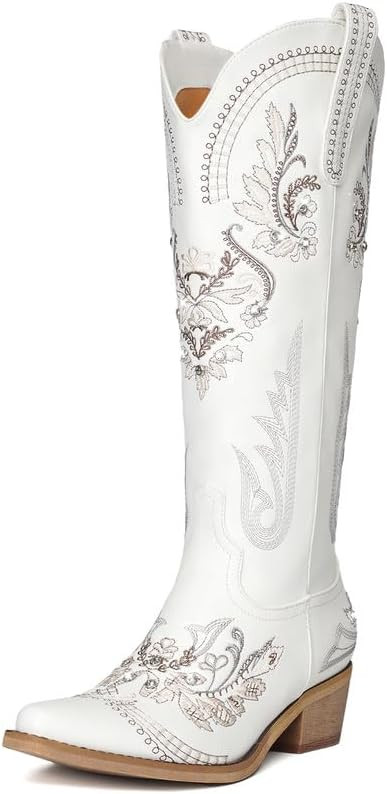 White Cowboy Boots for Women - Wide Calf Sparkly Cowgirl Boots, Women's Knee High Western Rhinest... | Amazon (US)