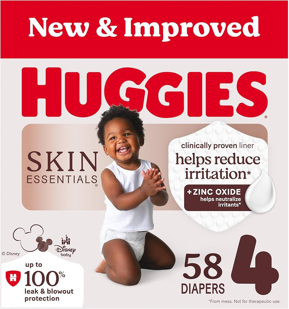 Huggies Size 4 Diapers, Skin Essentials Baby Diapers, Size 4 (22-37 lbs), 58 Count, Packaging May... | Amazon (US)