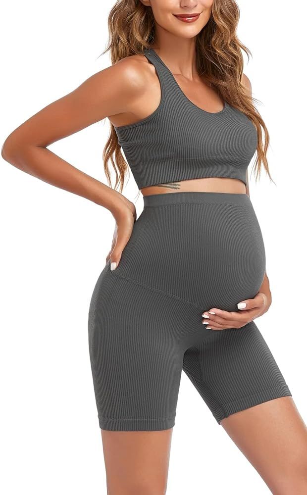 Women's Maternity 2 Piece Outfit Set - Bra & Shorts for Pregnancy - Yoga workout Lounge Wear Sets | Amazon (CA)