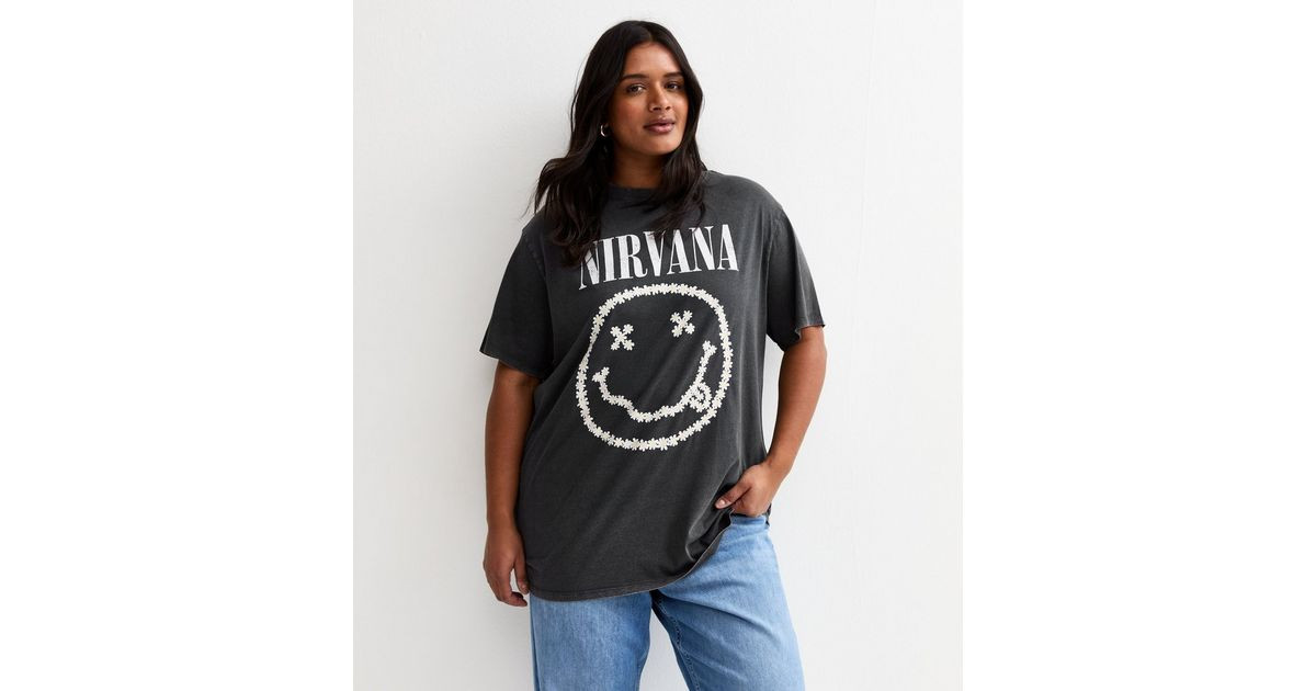Curves Dark Grey Nirvana Daisy Oversized T-Shirt | New Look | New Look (UK)