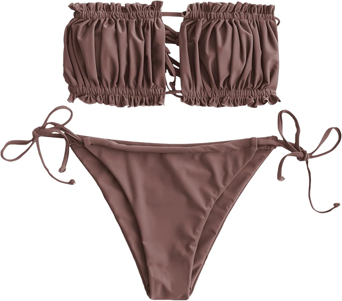 ZAFUL Women 2 Piece Strapless Bikini Swimsuits Ruffle Ribbed Self Tie Bandeau Bikini Set High Cut... | Amazon (US)