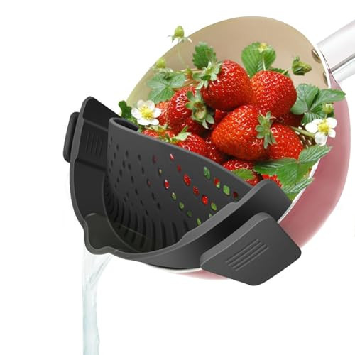 YEVIOR Clip on Strainer for Pots Pan Pasta Strainer, Silicone Food Strainer Hands-Free Pan Strainer, Clip-on Kitchen Food Strainer for Spaghetti, Pasta, Ground Beef Fits All Bowls and Pots (Black) | Amazon (US)