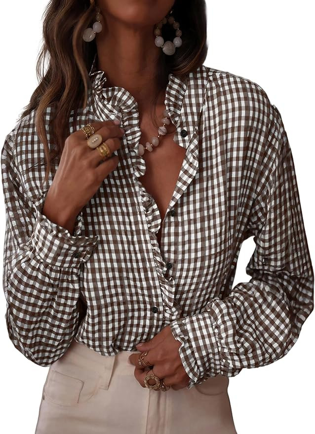 Astylish Womens Plaid Ruffle V Neck Button Down Blouse Casual Long Sleeve Gingham Trendy Tops Wor... | Amazon (US)