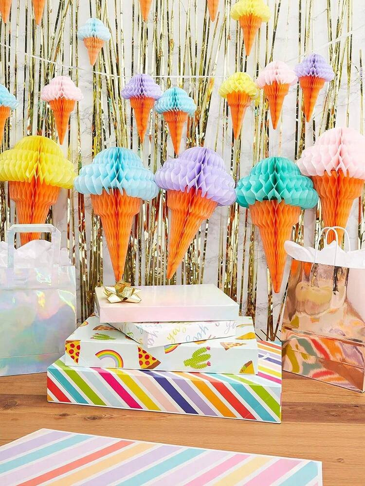 4pcs Summer Party Paper Honeycomb Ice Cream Decorations, 3D Ice Cream Hanging Decor And Center Pi... | SHEIN