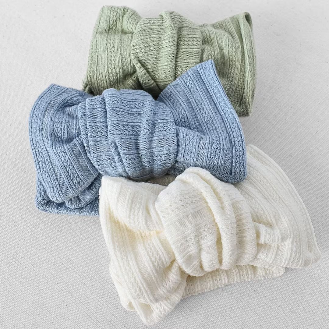 Pointelle Sweater Ribbed Oversized Bow Headband (Neutral Cream, Blue, Green), Newborn / Baby | Etsy (US)