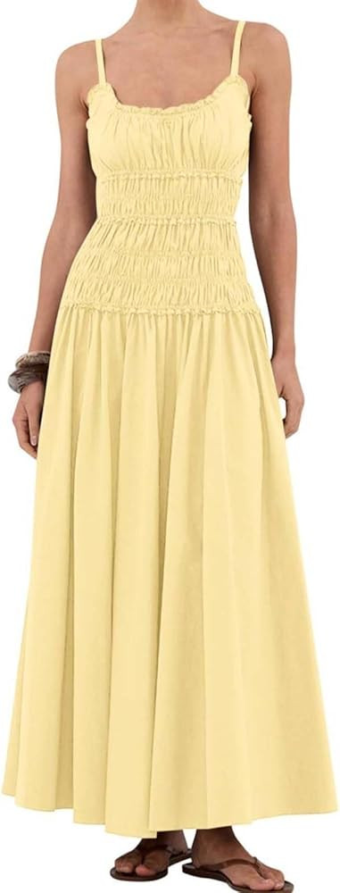 Women Spaghetti Strap Maxi Dress Sleeveless Scoop Neck Ruffle Tiered Elastic Casual Boho Flowy Dr... | Amazon (US)