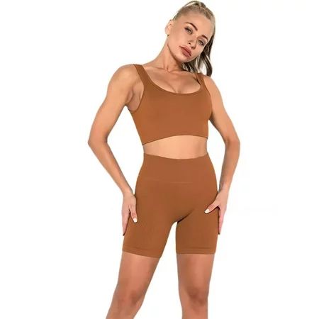 Seamless knitted Sexy Sports short sleeve shorts bra Yoga suit fitness Pants Set Brown | Walmart (US)