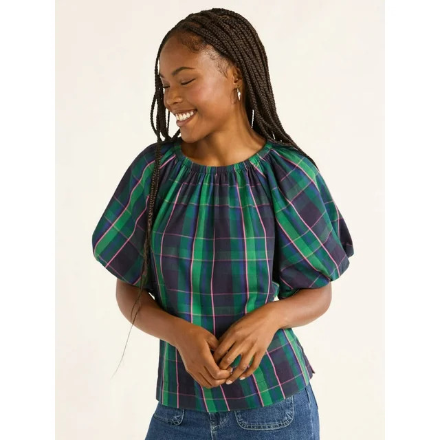Free Assembly Women’s and Women's Plus Cotton Blouse with Short Puff Sleeves, Sizes XS-4X | Walmart (US)