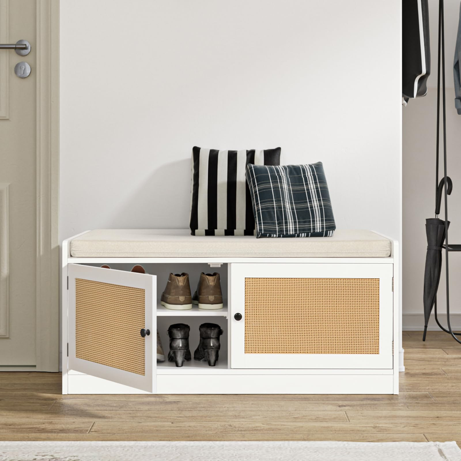 Anmytek Rattan Shoe Bench, Entryway Bench with Shoe Storage Wooden Shoe Rack Bench with Cushion S... | Amazon (US)